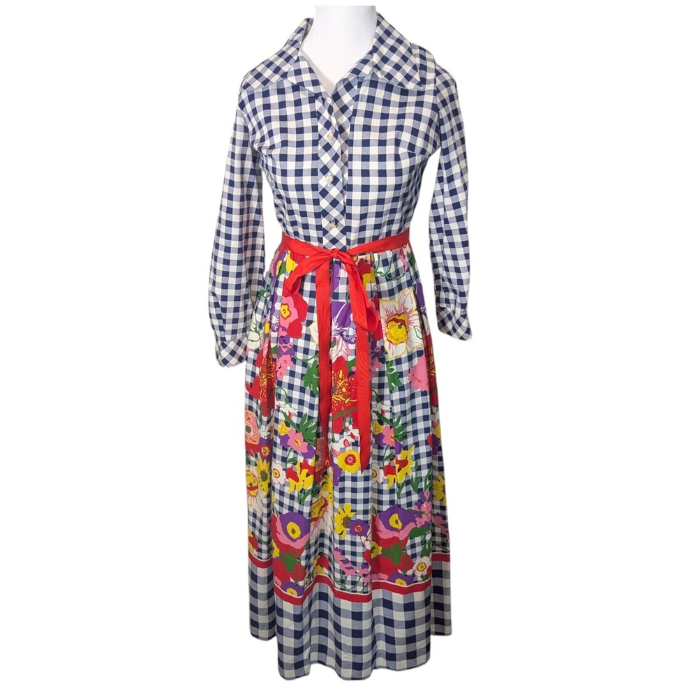 Vintage 70s Gingham Floral Maxi Shirt Dress Navy Blue White Red Belt Long Sleeve